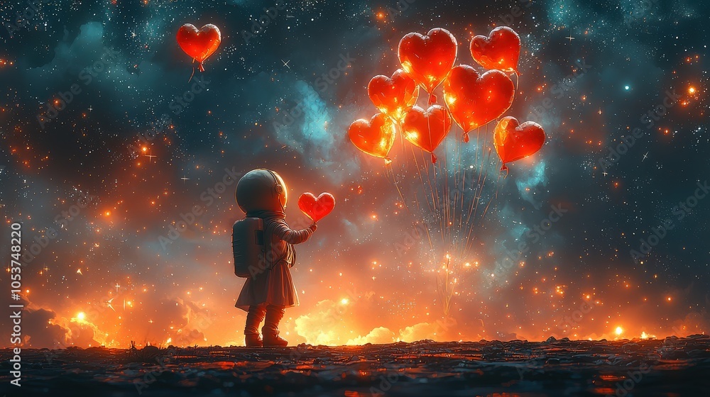 Obraz premium Playful astronaut on the moon holding floating heart-shaped balloons, with a stunning celestial sky filled with constellations and stardust, representing love and wonder
