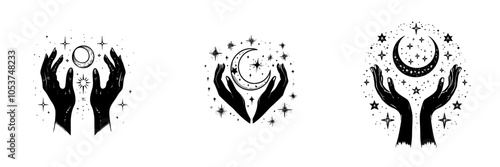 Modern witchcraft illustration with magic hands and hands holding moon and stars. Handdrawn mystical hands with moon. Vintage magic hands and hands holding moon.