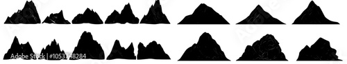 Tibet or Alps mountains silhouette. Hilltops, bergs, and valleys silhouetted in modern sketch illustration style. Landscape nature terrain with mountain peak silhouette.