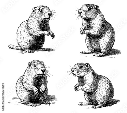 An illustration set with realistic groundhogs in various poses. The groundhog is reminiscent of the ute marmot. The drawing style resembles an engraving. Vintage monochrome sketch isolated on white.