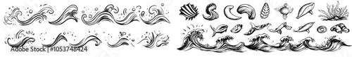 Waves and ocean waters on water surface doodle set. Isolated on transparent background. Collection of hand drawn ocean and sea waters with waves during storm and gloomy weather.