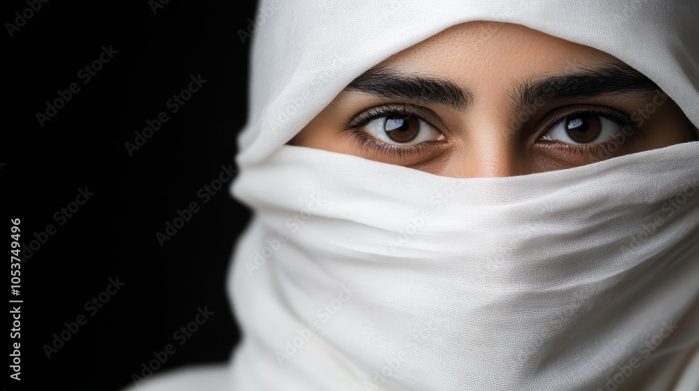 A tight shot of a person in a headscarf, gazing intently into the camera with a grave expression A tight shot of a person in a headscarf, gazing intently into the camera with a grave expression