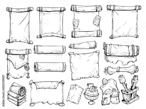 Sketches on scroll paper, old manuscript engravings, and handwritten parchment pages.