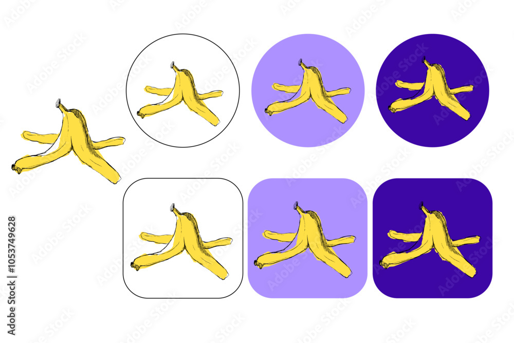 Obraz premium banana peel vector illustration logo in graphic. isolated on colored background in circle round and square template. garden fertilizer, natural and biodegradable waste. slippery fruit shell. 