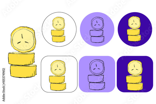 Banana slice vector graphic logo fresh and tasty in cartoon style. Vector illustration of peeled sweet pieces of banana of different sizes isolated on colored round circle and square background. A hea