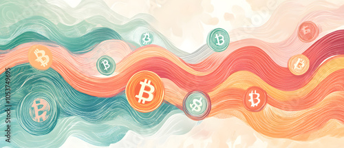 dollar production, coins, stock graphs, and Bitcoin in various creative graphic styles