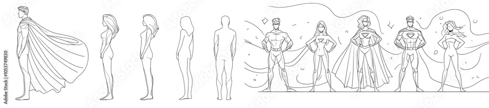 In this continuous one-line illustration, there are two super people in superhero poses with their cloth capes, and a strong leader in a strong superhero pose. In this continuous one-line illustration, there are two super people in superhero poses with their cloth capes, and a strong leader in a strong superhero pose.