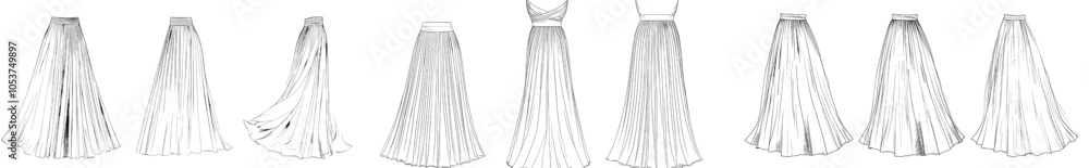A set of womens long tulle skirts for casual wear fashion technical drawing mock up, womens long skirt sketch illustration A set of womens long tulle skirts for casual wear fashion technical drawing mock up, womens long skirt sketch illustration