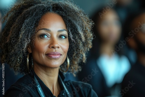 A woman with curly grey hair looking to the side, wearing gold hoop earrings photo