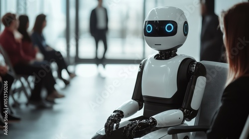 A humanoid robot listens attentively during a technology conference