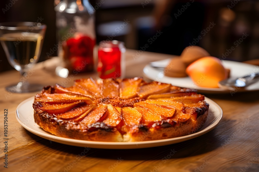 Close-up of a caramelized Tarte Tatin on a white plate, set on a rustic table with red apples, apple juice, and cinnamon. A modern French bakery in the background adds cozy ambiance Close-up of a caramelized Tarte Tatin on a white plate, set on a rustic table with red apples, apple juice, and cinnamon. A modern French bakery in the background adds cozy ambiance