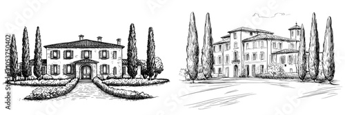 Traditional suburban European architecture with ancient villa with cypresses. Vintage illustration on a white background.