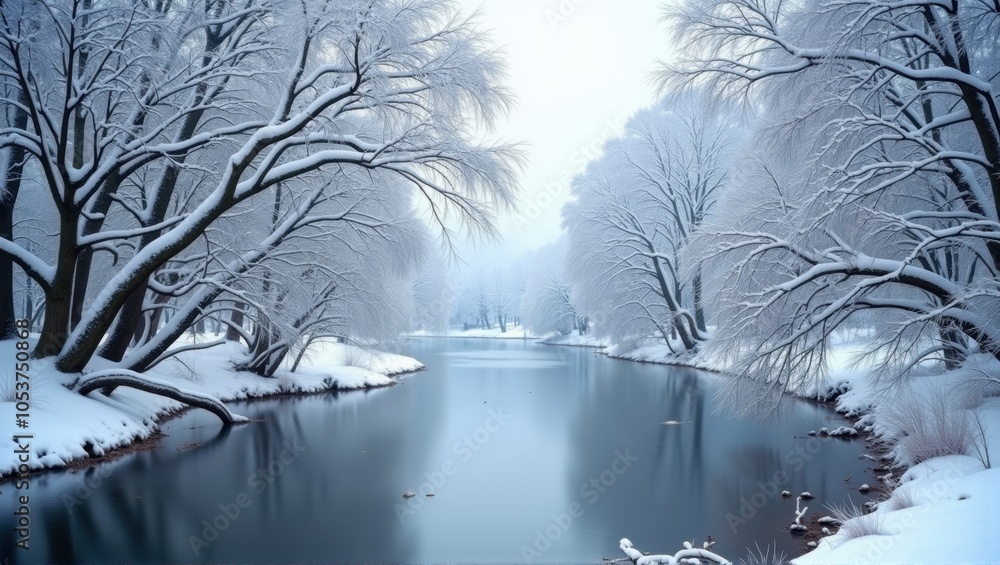 Winter landscape with snow-covered trees, calm river, serene atmosphere, tranquil nature scene. Generative, AI, Winter landscape with snow-covered trees, calm river, serene atmosphere, tranquil nature scene. Generative, AI,