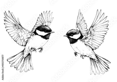 Hand-drawn modern sketches of birds including the great tit, woodpecker, robin, and swallow