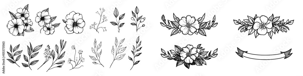 Adding an elegant touch to invitations, cards, and other creative projects, black and white floral frames display intricate botanical illustrations Adding an elegant touch to invitations, cards, and other creative projects, black and white floral frames display intricate botanical illustrations