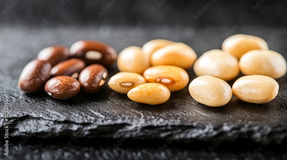Two piles of beans on black cloths Two piles of beans on black cloths