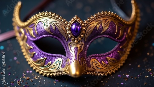 Luxurious gold and purple Mardi Gras mask adorned with jewels, festive and artistic mood, close-up on glittery background