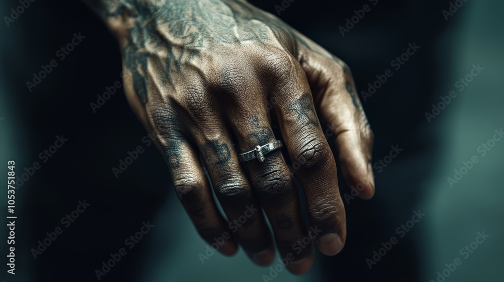 A tight shot of a hand displaying a cross tattoo on the left palm and a ring gracing the same hand, left A tight shot of a hand displaying a cross tattoo on the left palm and a ring gracing the same hand, left