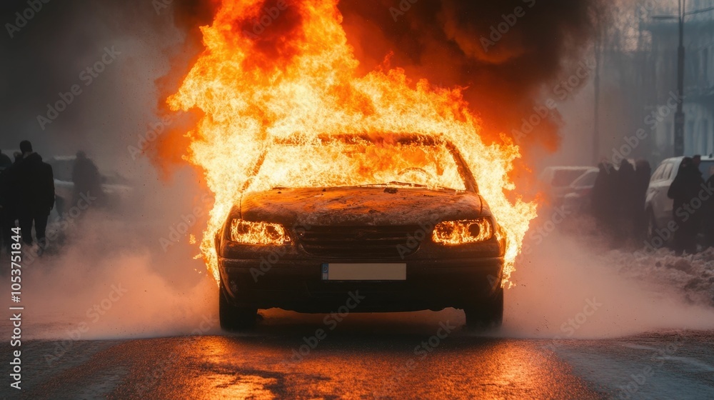 Dramatic scene of a car caught in a fierce fire completely engulfed in flames as bystanders watch on in shock and awe in an urban street setting Dramatic scene of a car caught in a fierce fire completely engulfed in flames as bystanders watch on in shock and awe in an urban street setting