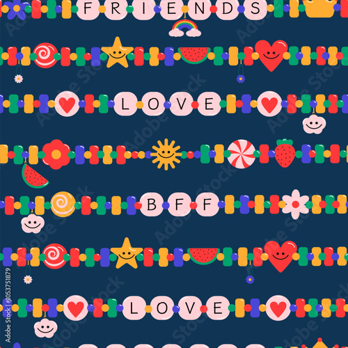 Seamless pattern of vibrant friendship bracelets featuring hearts, stars, and cheerful emojis, symbolizing love and connection between best friends