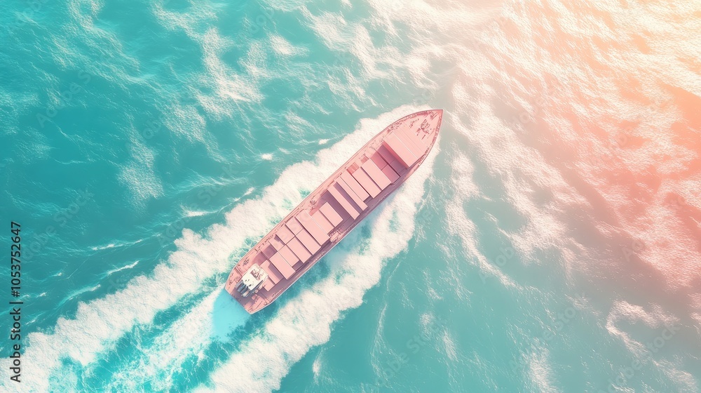 Obraz premium Cargo ship navigation in pastel 3D render, Import-export logistics, cargo ship is running with beautiful waves, top view