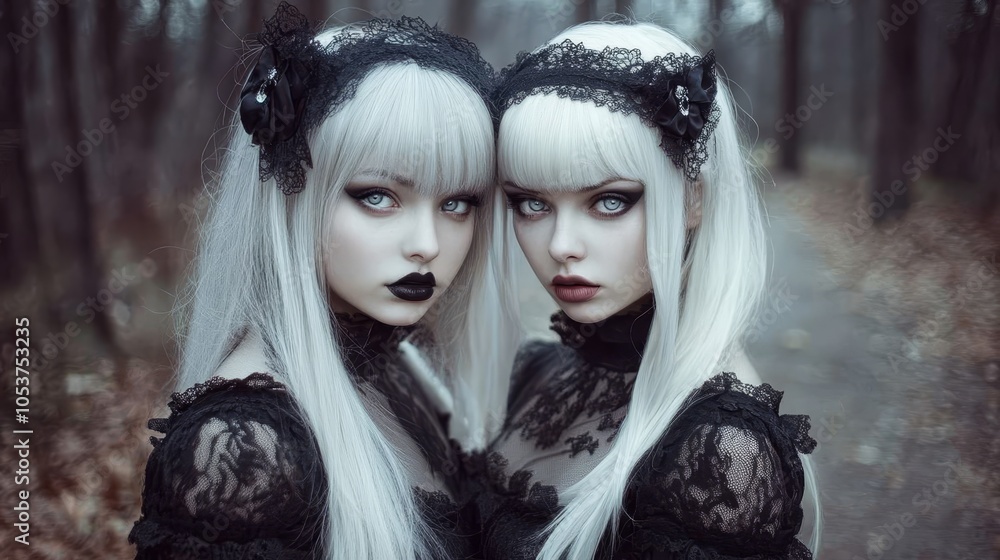 Two women with white hair and black makeup stand before a wooded scene Two women with white hair and black makeup stand before a wooded scene