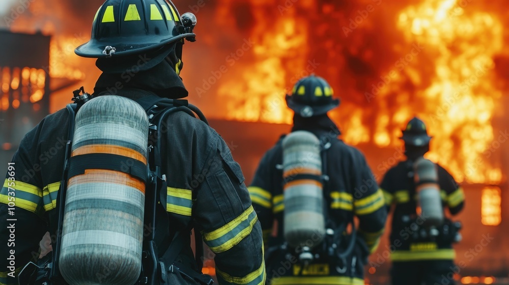 Obraz premium Team of Firefighters Bravely Battling an Intense Blaze in a Factory Building Working Together to Extinguish the Flames and Minimize Damage and Destruction