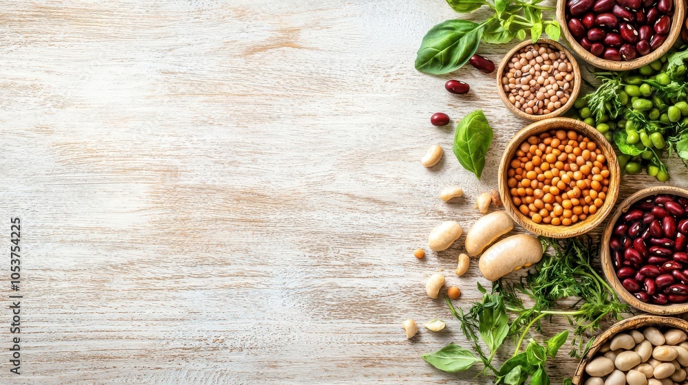 Assorted legumes and beans on a rustic wooden background, vegan ingredients, plantbased protein concept Assorted legumes and beans on a rustic wooden background, vegan ingredients, plantbased protein concept