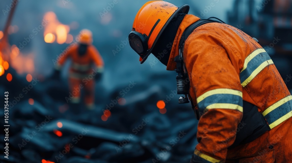 Firefighters Extinguishing Blaze at Construction Site Amidst Fallen Materials and Debris in Intense Rescue Firefighters Extinguishing Blaze at Construction Site Amidst Fallen Materials and Debris in Intense Rescue