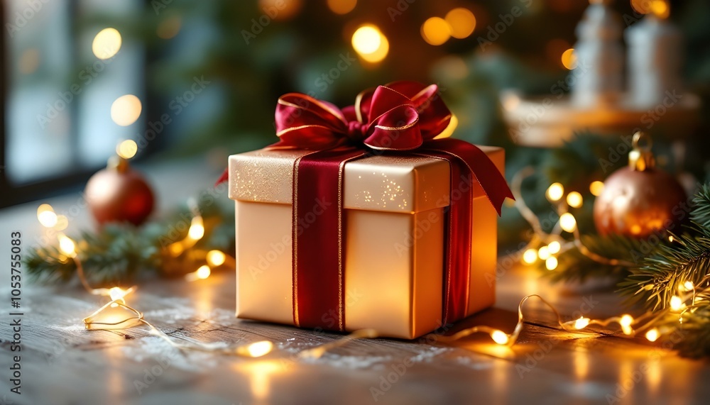 A beautifully wrapped holiday gift box adorned with a luxurious velvet ribbon and gold accents, beautifully set against a backdrop of twinkling lights and elegant holiday decor A beautifully wrapped holiday gift box adorned with a luxurious velvet ribbon and gold accents, beautifully set against a backdrop of twinkling lights and elegant holiday decor