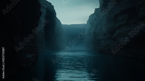  A narrow, foggy tunnel encloses a body of water encircled by rocks in its midst photo