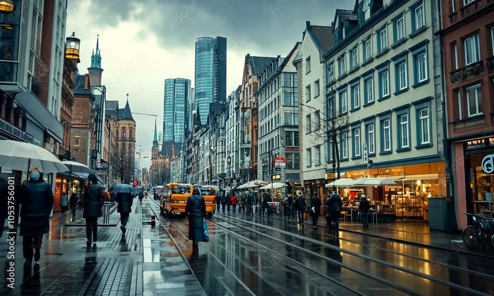 A bustling urban street scene with rain-soaked pavement, historical buildings, and modern skyscrapers. A bustling urban street scene with rain-soaked pavement, historical buildings, and modern skyscrapers.