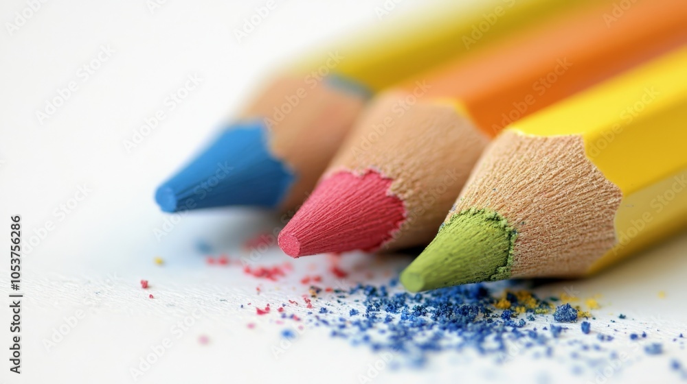 A collection of colorful pencils aligned beside one another on a paper surface, accompanied by crayons A collection of colorful pencils aligned beside one another on a paper surface, accompanied by crayons