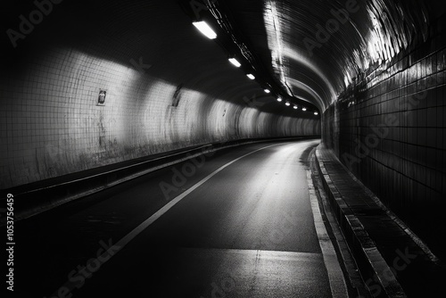 Dark empty city tunnel with dramatic lighting and graffiti photo