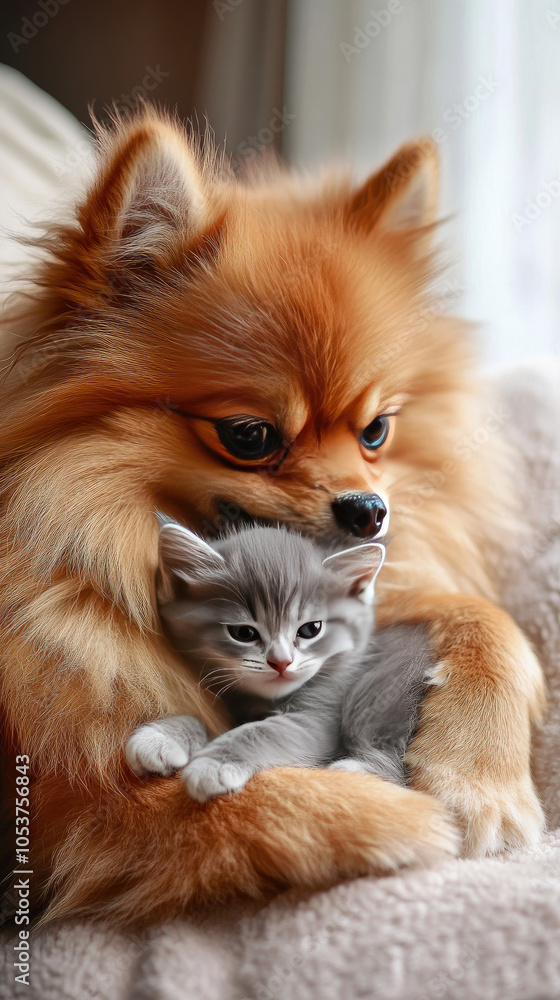 Obraz premium A cute Pomeranian dog cuddling a small grey kitten on a cozy blanket.