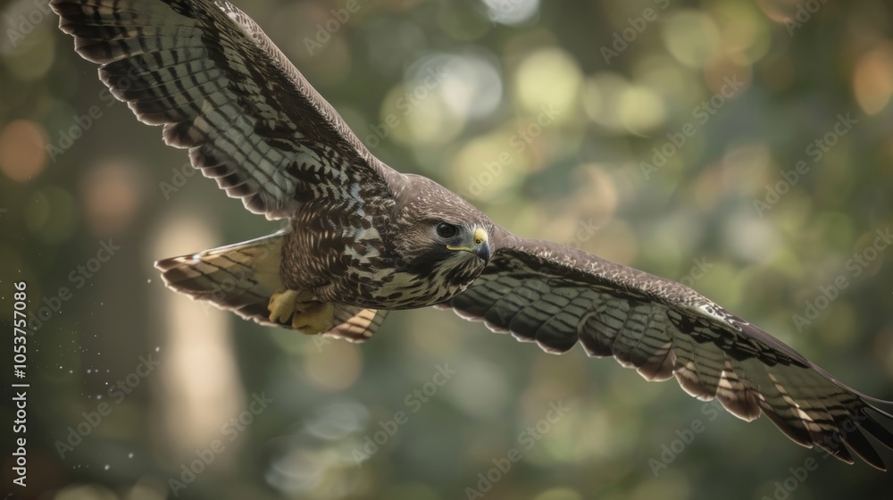 Fototapeta premium Majestic common buzzard soars gracefully in a lush forest, showcasing its impressive wingspan and powerful presence. Enjoy the sight of this european raptor hunting and soaring in the wild