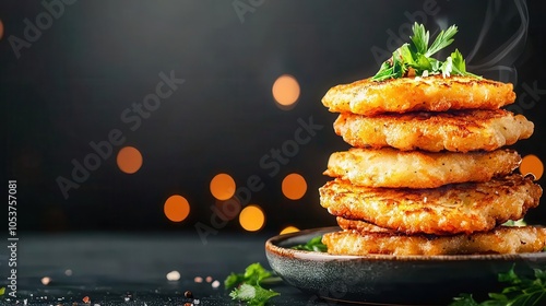 Closeup of freshly fried latkes served on a ceramic platter with garnishes, Latke presentation, Hanukkah food styling photo