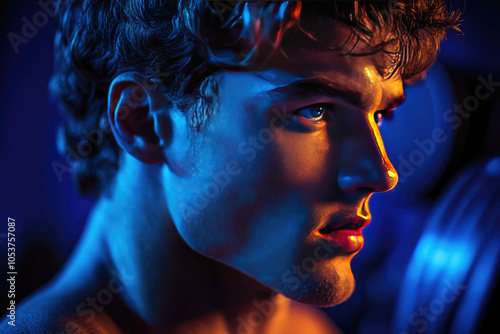 Close-up portrait of a young man with dramatic lighting and strong facial features. photo