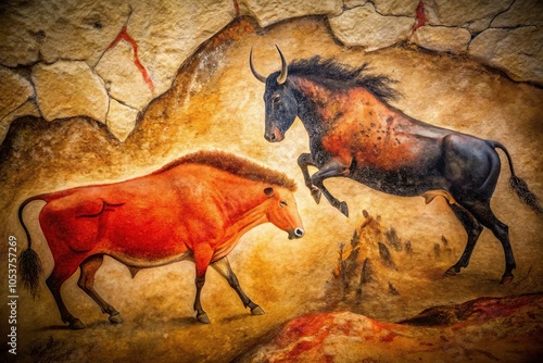 Red and black bison and horse from Altamira cave Bird Eye View photo