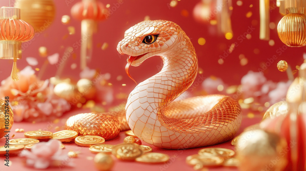 Chinese new year 2025. A snake with a traditional red Oriental lantern Chinese new year 2025. A snake with a traditional red Oriental lantern