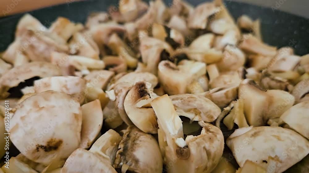 Freshly Fried Mushrooms Cooking in Skillet on Stove in Cozy Kitchen During Afternoon. Pan fried mushrooms cooking process. Healthy nutrition. Cooking delicious healthy vegan or vegetarian food Freshly Fried Mushrooms Cooking in Skillet on Stove in Cozy Kitchen During Afternoon. Pan fried mushrooms cooking process. Healthy nutrition. Cooking delicious healthy vegan or vegetarian food