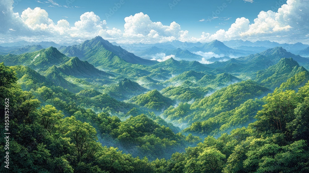 Lush Green Mountain Range with Fog and Clouds Lush Green Mountain Range with Fog and Clouds