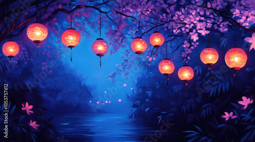 Lanterns glowing in a serene night with vibrant purple foliage near a tranquil river.