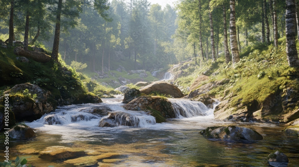A stream winds through a verdant forest, teeming with numerous rock formations and moss-covered trees nestled beside a verdant hillside A stream winds through a verdant forest, teeming with numerous rock formations and moss-covered trees nestled beside a verdant hillside