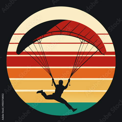 Man Paragliding Silhouette on Retro Vintage Background Vector Art Illustration T-shirt Design Art.