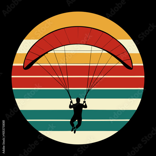 Man Paragliding Silhouette on Retro Vintage Background Vector Art Illustration T-shirt Design Art.