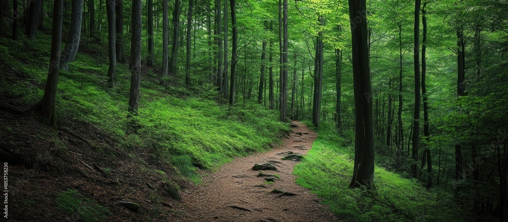 Fototapeta premium A winding path through a lush green forest with tall trees and a mossy ground.
