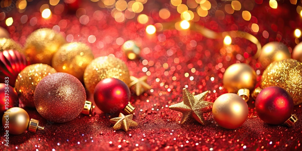 Red and golden Christmas background with golden glitter and bokeh lights featuring a bird's eye view Red and golden Christmas background with golden glitter and bokeh lights featuring a bird's eye view