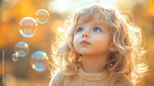 A child blowing bubbles in the park, with the bubbles floating, each one reflecting the surrounding scene.