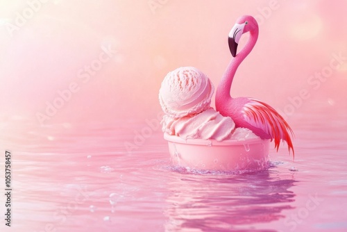 Pink ice cream melting with flamingo float on pastel background in watercolor style for summer-themed designs photo